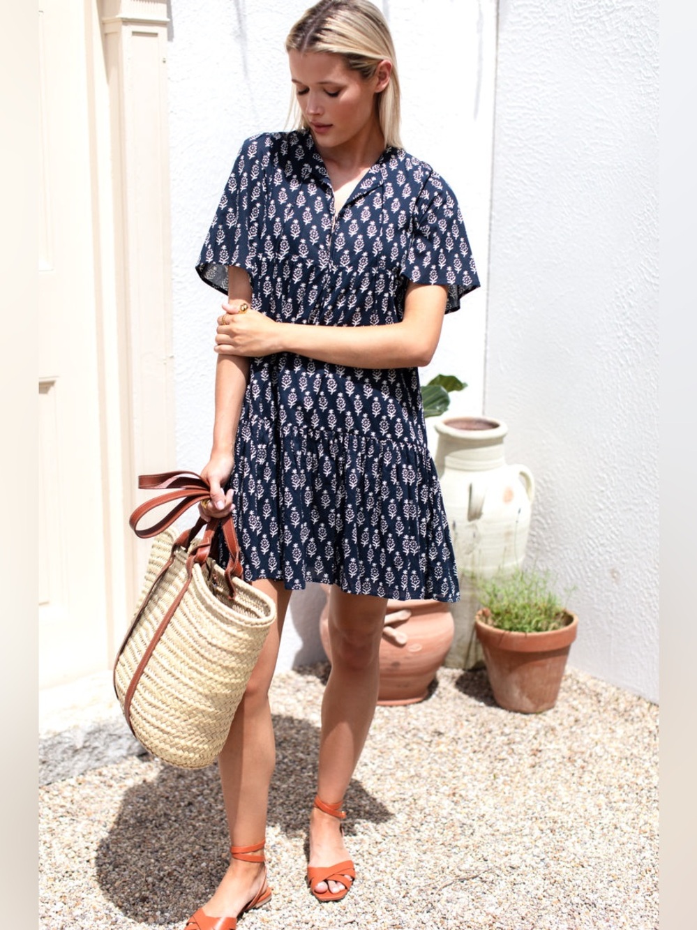EMERSON FRY India Collection Sz XS/S Organic Marguerite Navy Blue Puff Isla Dres